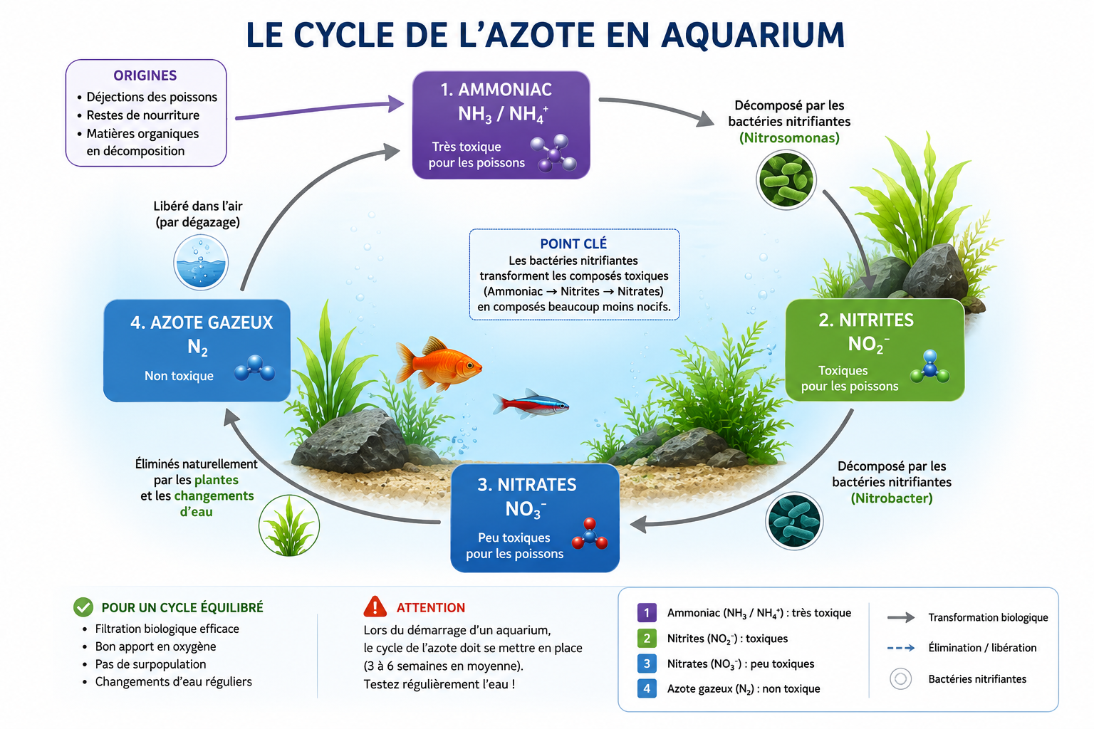 Cycle de l'azote aquarium schéma - ammoniaque nitrites nitrates bactéries nitrifiantes cyclage transformation déchets eau